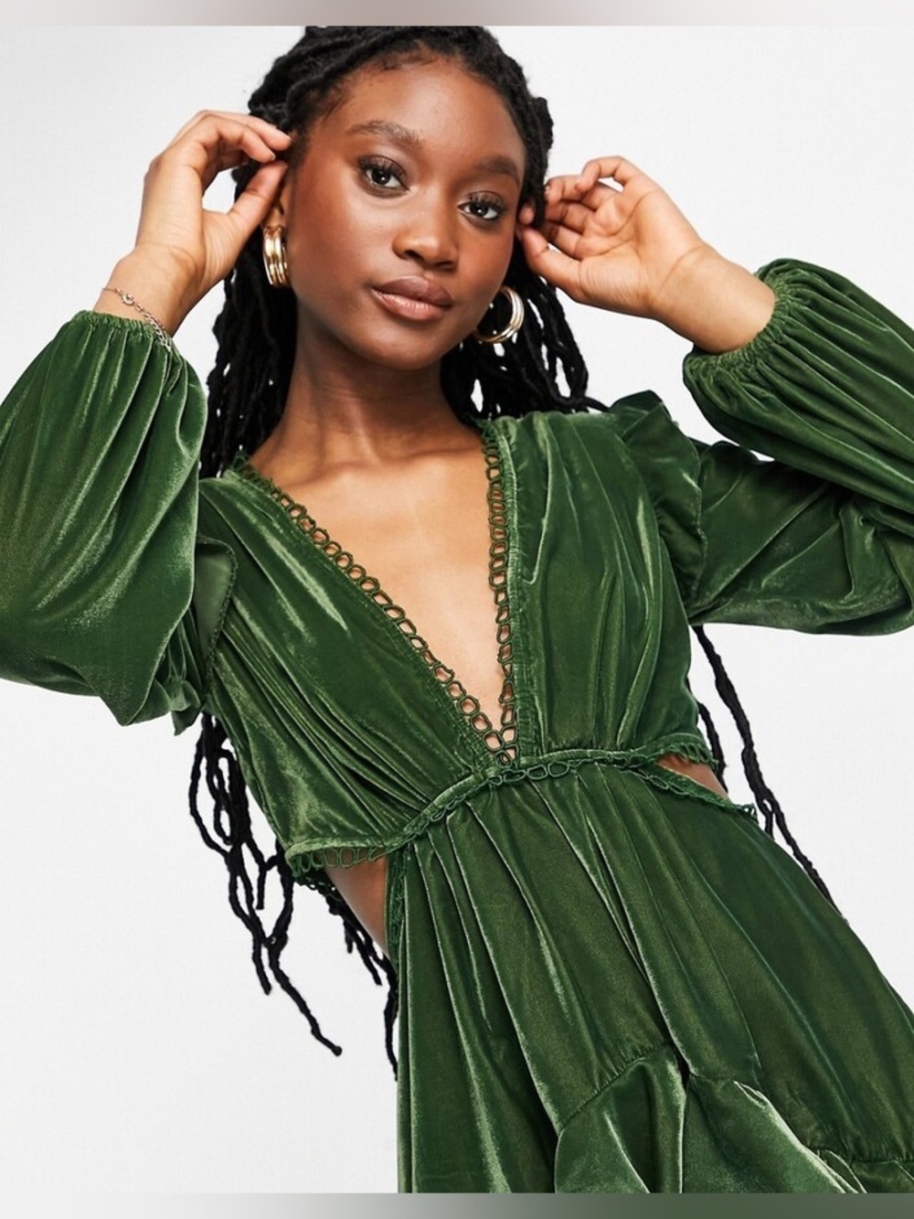 ASOS Emerald Green Velvet Ruffle Romantic Mini Dress Size 4 - Picture 2 of 9